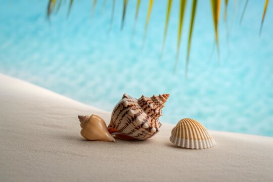 Seashells resting on a sandy beach with ocean and palm fronds above