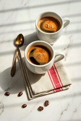 Two cups of hot espresso coffee with a spoon on a striped napkin