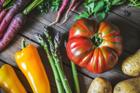 Vibrant assortment of fresh garden vegetables on a rustic wooden surface