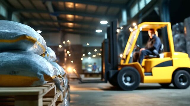 Textured close-up of reinforced bag surfaces, defocused forklift lights and faceless operator behind, large-scale logistics concept, with copy space