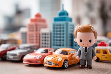 Fototapeta premium cute toy businessman in business suit in toy city with plastic cars and buildings