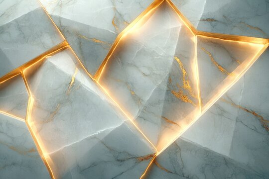 Elegant geometric light marble surface with glowing golden outlines and veins, creating a luxurious abstract art background. - Powered by Adobe