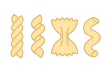 Italian pasta varieties set including fusilli, farfalle, and gemelli. Cooking delicious mediterranean cuisine