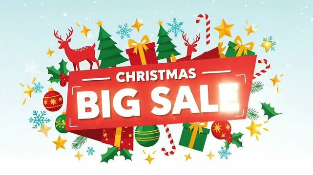 A flat cartoon illustration banner advertisement template for a big christmas sale event with reindeer pine trees gifts holly berries candy canes stars and festive ornaments on a snowfall background 