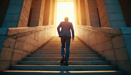 Business man climbs concrete stairs to success. Silhouette figure walk upwards in sun light. Career achievement corporate growth concept. Professional going up to new heights goal.