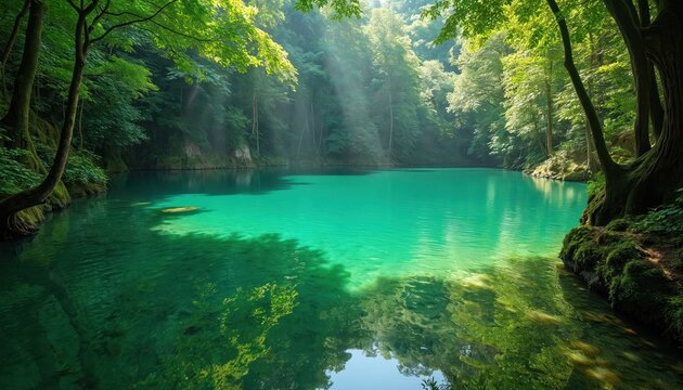 Emerald clear water lake sits surrounded by dense green forest. Sunlight streams through trees onto tranquil turquoise pond. Rich vegetation grows on bank. Idyllic nature scene. - Powered by Adobe