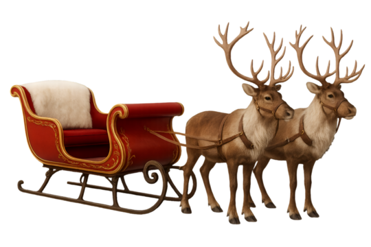 Festive holiday scene with two strong male reindeer pulling Santa's red and white sleigh  isolated on transparent background
