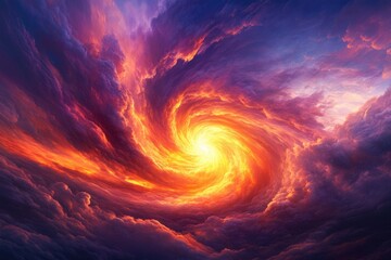 Obraz premium Fiery cosmic vortex: vibrant orange and red clouds swirl around an intense bright light, transitioning to deep purple and blue.