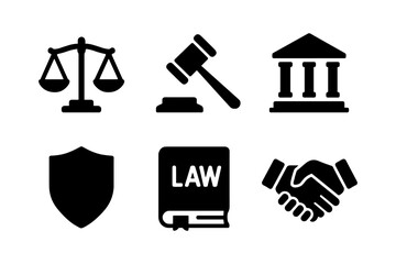 Legal and justice icons: scales, gavel, courthouse, and more in bold silhouette style