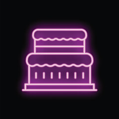 Bright glowing neon sign showing a delicious cake with layers of cream and icing