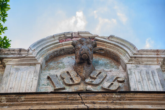 bull's head placed above the year "1896" on the facade of an old building