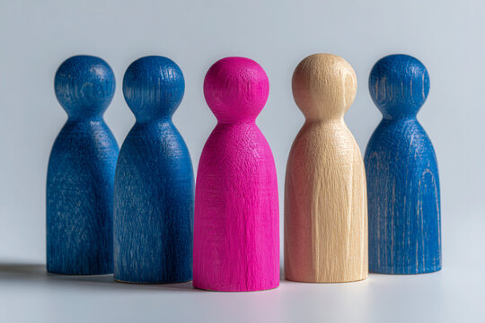 Diverse wooden figurines standing together with a single pink figure highlighting individuality amid a group of blue and natural wood colored figures on a neutral ba - Powered by Adobe