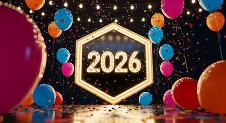 2026, New Year, celebration, party, countdown, festive, abstract, glowing, neon, lights, confetti,