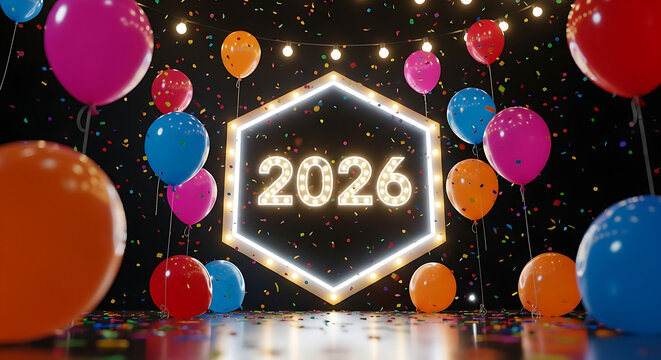 Festive 2026 design for greeting cards or events, featuring glowing typography, vibrant balloons, and a confetti explosion.