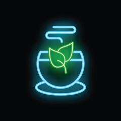 Neon sign illuminating a steaming cup with two green tea leaves, perfect for tea shops and cafes