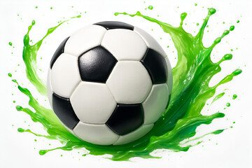Fototapeta premium a traditional football soccer ball captured in motion amidst a powerful splash of bright green water or liquid isolated on transparent background
