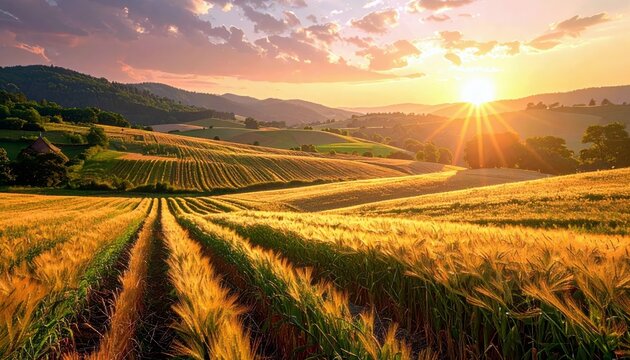A vast, golden wheat field stretches across rolling hills under a vibrant sunset sky, with the sun casting warm rays and creating a sunburst effect. - Powered by Adobe