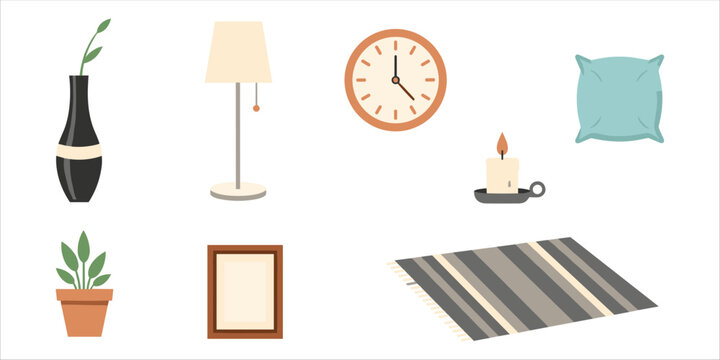 Flat design illustration of cozy home interior elements including a table lamp, flower in a vase, wall clock, candle, pillow, indoor plant, picture frame, and rug. Perfect for interior design themes