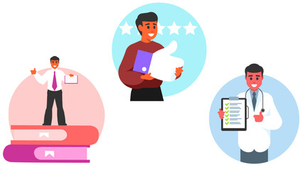 A collection of illustrations showcasing positive feedback, medical expertise, and career success, with a doctor holding a clipboard, a man giving a thumbs up, and a professional standing on books