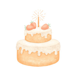 Hand drawn watercolor birthday cake with one candle for girl, pink isolated illustration for card