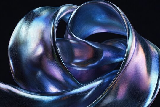 Abstract metallic ribbons shimmer with iridescent blue and purple hues, forming an intricate, flowing sculptural design against a dark backdrop.
