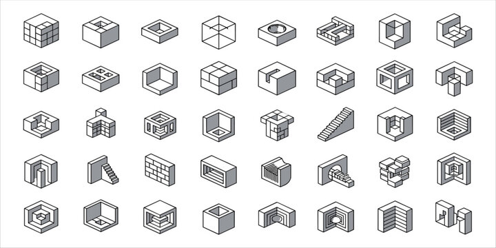 Isometric vector set featuring abstract architectural shapes, 3D cubes, stairs, and impossible structures. This modern design collection presents minimal composition with construction elements
