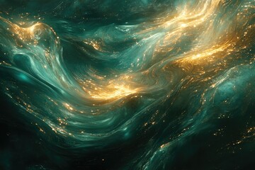 A mesmerizing abstract swirl of emerald green and golden light, evoking cosmic rivers or liquid currents with shimmering particles.