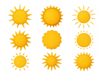 Yellow sun icons set representing weather, summer, light, and heat, on a transparent background