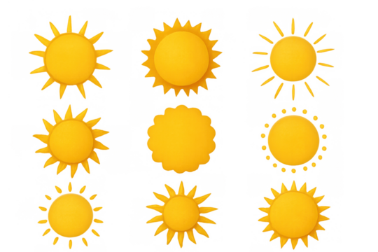 Yellow sun icons set representing weather, summer, light, and heat, on a transparent background