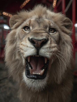 Lion roars inside a circus tent. Ferocious expression and wide open mouth dramatize the moment.