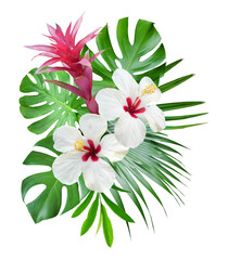 White Hibiscus flowers, Bromeliad and monstera leaves in a tropical arrangement isolated on...