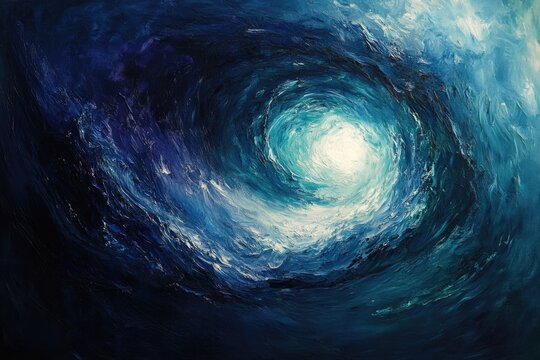 Textured blue abstract painting: a powerful ocean vortex spiraling towards a luminous white center, conveying deep mystery and dynamic force. - Powered by Adobe