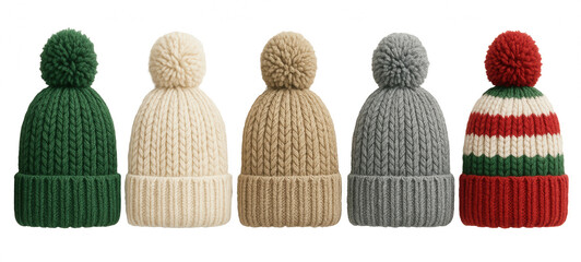 Cozy knitted winter hats with soft pom-poms arranged in a neat row on a transparent background, showcasing warm seasonal colors and textured wool knit design