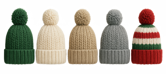Cozy knitted winter hats with soft pom-poms arranged in a neat row on a transparent background, showcasing warm seasonal colors and textured wool knit design