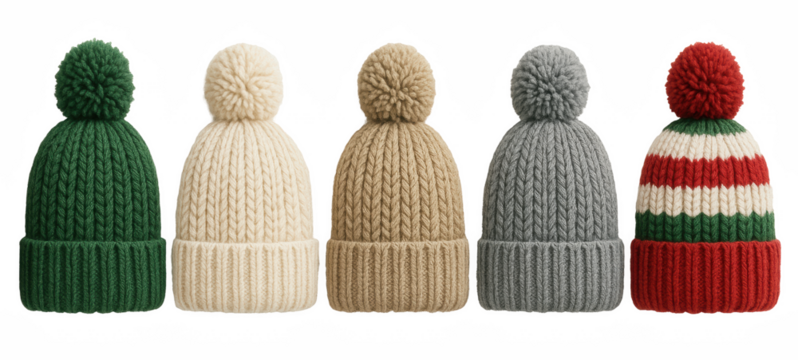 Cozy knitted winter hats with soft pom-poms arranged in a neat row on a transparent background, showcasing warm seasonal colors and textured wool knit design