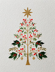 Fondo blanco de papel con textura blanco para tarjetas de navidad con arbol pintado en tonos verdes , dorados y rojos , con hojas de acebo y frutos rojos, decoraciones navide&ntilde;as, de estrella y bolas