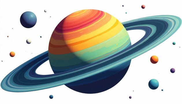 Illustration of planet Saturn with colorful rings. Many other planets in space orbit the giant gas planet. Isolated planet on white background.