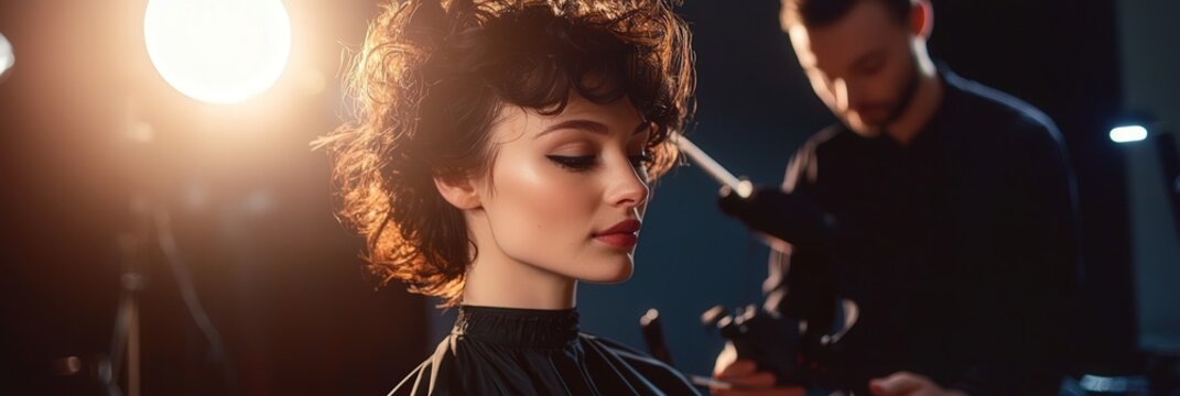 A stylist demonstrating hair curling techniques on a model under studio lights