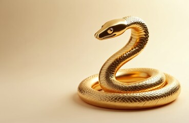 Obraz premium Gold snake sculpture coiled tightly. Reflective, smooth surface catches light. Elegant, modern design on neutral beige backdrop. Creature art, luxury decor element, studio shot.