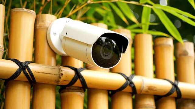 Security camera mounted on a bamboo fence providing surveillance and protection for a home or business with a natural and discreet design blending into the environment