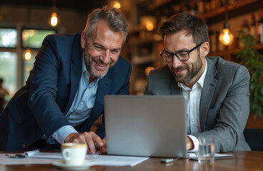 Two business partners smile while working together on laptop at cafe table. One points to screen while other watches attentively. They appear engaged in productive discussion over coffee.