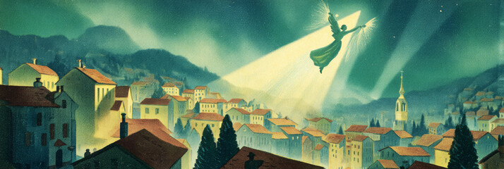 A serene night scene captures a glowing angel soaring above a quaint village. Below, townsfolk stand amidst sheep, witnessing the miraculous announcement of Jesus birth, banner
