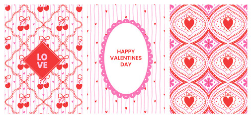 Valentine’s Day Poster Set, Cute hand-drawn hearts, cherries, bows, and love-themed patterns in pink and red. Perfect for romantic wall art, greeting cards, and festive decor.