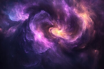 Vibrant abstract cosmic nebula features swirling purple, magenta, and orange clouds. A luminous central core radiates energy within deep space.