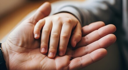 Fototapeta premium A tender moment of a small childs hand resting in an adults palm.