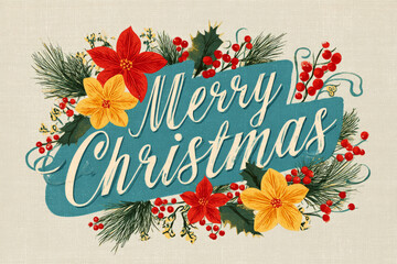This vintage Christmas card from the 50s or 60s features the joyful message Merry Christmas adorned with vibrant flowers, holly, and festive colors, celebrating the holiday spirit