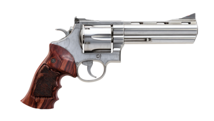 Silver revolver with wooden grips detailed view on transparent background