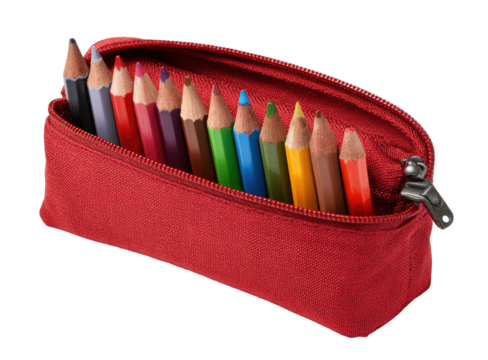 Red pencil case filled with colorful pencils on transparent background
