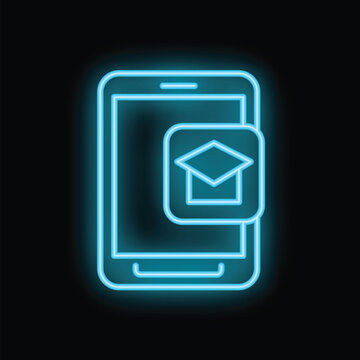 Neon glowing icon of e learning app with graduation hat on smartphone screen on black background