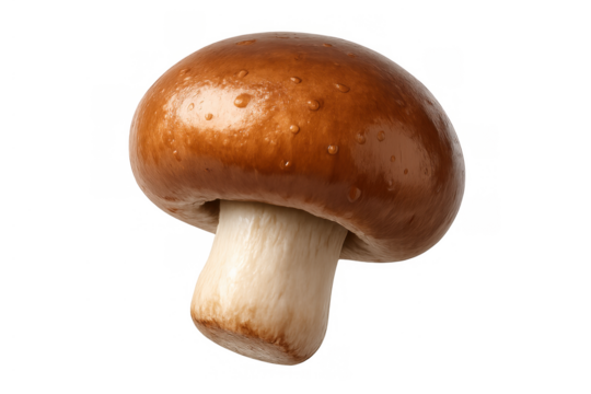 Single brown cremini mushroom with stem and cap, featuring water droplets and a transparent background